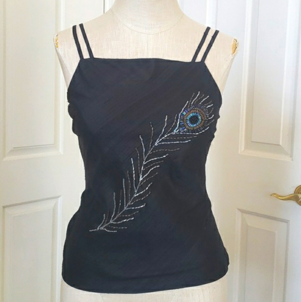 Vintage Luxe Beaded Black Silk Camisole – Peacock Feather Artistry - Picture 3 of 14